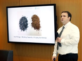 University of Windsor biochemistry masters student David Ure makes a presentation during a funding announcement of $50,000 by University of Windsor Alumni Association. University of Windsor Alumni Assoc. will be partnering with Essex Region Conservation Foundation on two projects; the first is for research into removing phosphorus from Lake Erie and the second is for an outdoor classroom setting at Holiday Beach Conservation Area.  Photo taken Tuesday January 9, 2019.