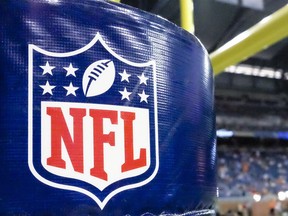 FILE - This Aug. 9, 2014 file photo shows an NFL logo on a goal post padding before a preseason NFL football game between the Detroit Lions and the Cleveland Browns at Ford Field in Detroit.