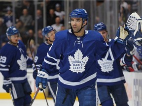 Nazem Kadri of the Toronto Maple Leafs celebrates his third goal of the game against the Washington Capitals during an NHL game at Scotiabank Arena on Jan. 23, 2019 in Toronto, Ontario, Canada. The Maple Leafs defeated the Capitals 6-3.
