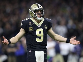 Drew Brees #9 of the New Orleans Saints reacts against the Los Angeles Rams during the fourth quarter in the NFC Championship game at the Mercedes-Benz Superdome on January 20, 2019 in New Orleans, Louisiana.