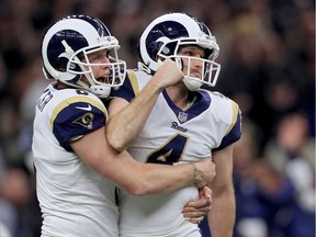 Greg Zuerlein of the Los Angeles Rams celebrates after kicking the game winning field goal in overtime against the New Orleans Saints in the NFC Championship game at the Mercedes-Benz Superdome on Jan. 20, 2019 in New Orleans, Louisiana. The Los Angeles Rams defeated the New Orleans Saints with a score of 26 to 23.