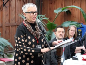 In this Jan. 11, 2019, file photo, Leamington Mayor Hilda MacDonald is shown at the podium as Kingsville Mayor Nelson Santos and Kingsville CAO Peggy Van Mierlo-West listen during Breakfast with the Mayors 2019.