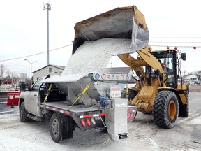 Loading up. A City of Windsor 'baby' salter is filled at the public works yard on Crawford Avenue on Jan. 18, 2019, in advance of this weekend's forecast first real snowfall of the winter.