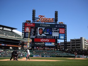 Leonys Martin of the Detroit Tigers hits a grand slam home run off of Mike Wright Jr. of the Baltimore Orioles in the fifth inning at Comerica Park on April 19, 2018 in Detroit.