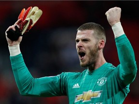 Manchester United's Spanish goalkeeper David de Gea reacts after the English Premier League football match between Tottenham Hotspur and Manchester United at Wembley Stadium in London, on January 13, 2019. - Manchester United won 1-0.