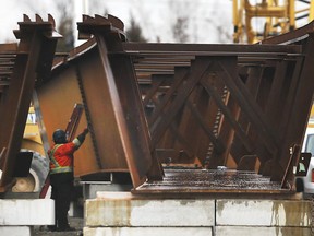 Massive steel beams are shown at the construction site of the Gordie Howe International Bridge on Jan. 7, 2019. Expect traffic disruptions as Ojibway Parkway is slated for a number of overnight closures to accommodate construction of an overpass portion of the project.