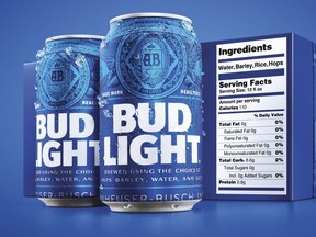 This undated product image provided by Bud Light shows a new nutrition label. Starting next month, packages of Bud Light will have prominent labels showing the beer's ingredients and calories as well as the amount of fat, carbohydrates and protein in a serving. Bud Light is likely the first of many to make the move. The labels aren't legally required, but major beer makers agreed in 2016 to voluntarily disclose nutrition facts on their products by 2020.