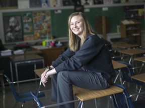 Mira Gillis, 16, a Grade 11 student at Brennan Catholic High School, where she's shown Jan. 16, 2019, is a World Vision national youth advocate. Gillis is involved in the No Child For Sale campaign which is aimed at ending child labour.