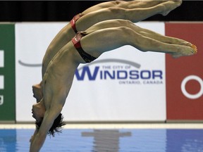 China's Chao He and Chong He compete in the men's 3m synchro springboard event at the Fina Diving World Series at the Windsor International Aquatic and Training Centre in Windsor on Friday, May 22, 2015.