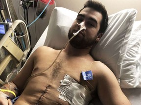 Dillon Liberty, 23, former captain of the Dresden Jr. Kings hockey team, is shown Jan. 2, 2019, at Windsor Regional Hospital's Ouellette campus following surgery for stab wounds sustained at a downtown Windsor nightclub shortly after midnight on New Year's Day.