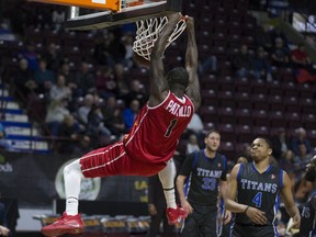 WINDSOR, ONT:. JANUARY 22, 2019 - Windsor's Juan Pattillo gets a fast break dunk in NBLC action between the Windsor Express and the Kitchener-Waterloo Titans at the WFCU Centre, Tuesday, January 22, 2019.