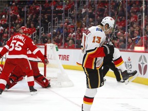 Calgary Flames left wing Johnny Gaudreau (13) celebrates his goal in the third period of an NHL hockey game against the Detroit Red Wings, Wednesday, Jan. 2, 2019, in Detroit.