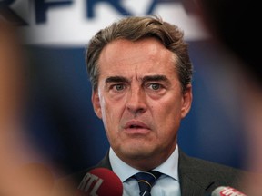 Air France-KLM chairman and chief executive, Alexandre de Juniac gives a press conference, in Paris, Monday, Sept. 15, 2014.