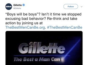This image from Gillette's Twitter account shows a Gillette advertisement. The ad for men invoking the #MeToo movement is sparking online backlash, with some saying it talks down to men and calling for a boycott. Gillette says it doesn't mind sparking a discussion, and since it debuted, Jan. 14, 2019, the online-only ad has garnered millions of views on YouTube, a level of buzz and chatter that any brand would covet.