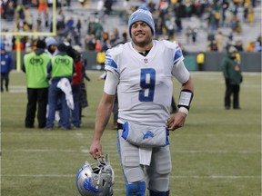 Detroit Lions' Matthew Stafford smiles as he walks off the field after an NFL football game against the Green Bay Packers Sunday, Dec. 30, 2018, in Green Bay, Wis. The Lions won 31-0.