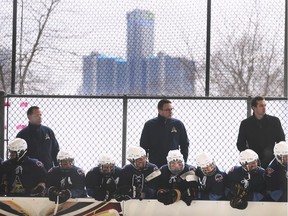 The Jr. C Outdoor Shinny Series game between the Amherstburg Admirals and Wallaceburg Lakers was held on Saturday, January 12, 2019, at the Lanspeary Park rink in Windsor, ON. The Amherstburg bench is shown during the game.