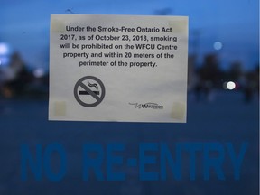 A sign warns people of no smoking on WFCU Centre grounds at the Windsor Spitfires game Oct. 25,  2018.