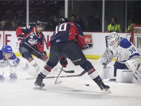 WINDSOR, ONT:. JANUARY 3, 2019 - Windsor's Jordan Frasca misses on a scoring opportunity against Sudbury goaltender Jake Mcgrath in OHL action between the Windsor Spitfires and the Sudbury Wolves at the WFCU Centre, Thursday, January 3, 2019.