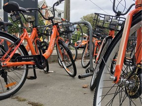 A bike sharing pilot project operated by Dropbike is shown in Kingston, Ont., in 2018.