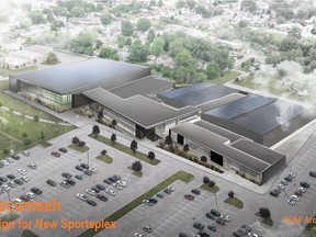 Drawings of the proposed Tecumseh sportsplex. The chosen design will be similar but with less glass.