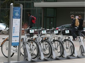 A University of Windsor bike share docking station on Wyandotte St. West is shown on Tuesday, April 10, 2018.