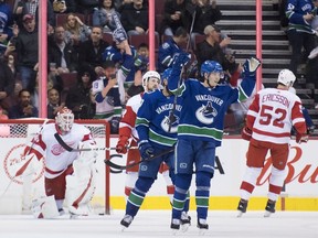 Vancouver Canucks centre Elias Pettersson (40) celebrates his goal past Detroit Red Wings goaltender Jonathan Bernier (45) during first period NHL action in Vancouver, Sunday, Jan 20, 2019.