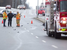 A 63 year old man was struck by a car while riding an electric scooter, just east of Wonderland on Commissioners Road in London, Ont. He was taken to hospital with serious injuries police said. (Mike Hensen/The London Free Press)