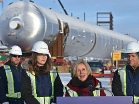 With a 820-tonne polypropylene splitter in back, Premier Rachel Notley visits Inter Pipeline’s Heartland Petrochemical Complex, a $3.5-billion private-sector investment spurred by the province’s royalty credit program, in Fort Saskatchewan, January 10, 2019.