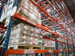 Pallets of product at the Ontario Cannabis Store distribution centre.