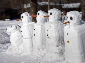 A frozen family outside a home on Jarvis Avenue on Jan. 29, 2019. Windsor resident Kelly Gault has made a snowman family representing his real family every winter for the past 18 years.