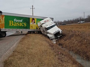A transport truck in a ditch on Manning Road near Arnald Lane on the morning of Jan. 16, 2019.