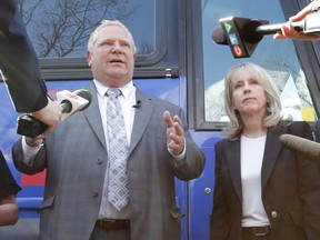 Premier Doug Ford and Ontario Training, Colleges and Universities Minister Merrilee Fullerton are pictured during the provincial election campaign. THE CANADIAN PRESS/ Patrick Doyle