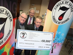 Cirlce of Seven members Rob Agnew, left, Tony Haddad and Gord Boggs were on hand along with Deborah Severs (not shown) for a donation of $50,000 to eight local programs and community organizations February 4, 2019. Recipients were all4mamas, Autism Windsor-Essex, Canadian Mental Health Assoc., Children's Aid Society, Handi-Transit, Farrow Riveerside Miracle Park, Leone Residence and United Way.