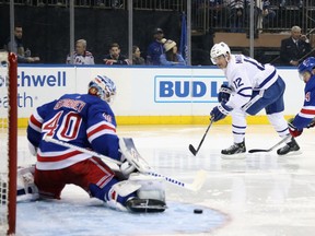 Alexandar Georgiev of the New York Rangers kicks out a third period shot from Patrick Marleau of the Toronto Maple Leafs at Madison Square Garden on February 10, 2019 in New York City. The Rangers defeated the Maple Leafs 4-1.
