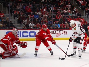 Dominik Kahun #24 of the Chicago Blackhawks tries to get a shot past  Mike Green #25 and  Jimmy Howard #35 of the Detroit Red Wings during the first periodat Little Caesars Arena on February 20, 2019 in Detroit, Michigan.