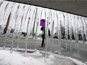 Security guard Jan Ryersee assists motorists on Alsace Avenue in February 2019 as freezing rain continued to fall producing icicles by the thousands.