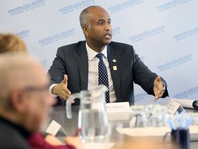 MP Ahmed Hussen, Minister of Immigration, Refugees and Citizenship speaks with Windsor-Essex Regional Chamber of Commerce president Rakesh Naidu (not shown) and other members of the local business community in the chamber boardroom Wednesday.