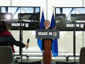 Premier Rachel Notley speaks about the Alberta government's rail deal between Canadian Pacific Railway, Canadian National Railway and the Government of Alberta to move more oil by rail during a press conference in Edmonton on Feb. 19, 2019.