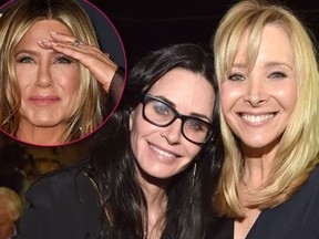"Friends" co-stars Jennifer Aniston, right, Courteney Cox, centre, and Lisa Kudrow. (Getty Images file photos)