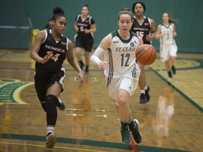 Seen in action last season, St. Clair Saints guard Jana Kucera (No. 12) is battling an ankle injury as the team prepares to open the OCAA season at home on Friday.