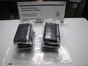 Six bricks of suspected cocaine that Canada Border Services Agency officers seized from a transport truck at the Ambassador Bridge on Feb. 19, 2019.
