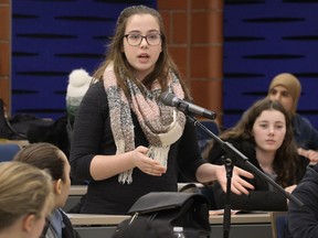 Over 150 Grade 8 students from Windsor and Essex County participated in a social justice forum on Thursday, February 21, 2019, at the University of Windsor. Paige Hawkins, from Anderdon Public School shares her thoughts during the event.