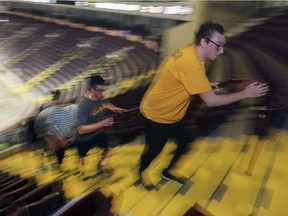 Alex Marchi, 17, leads a group of his St. Joseph High School classmates up the stairs during the United Way's  10th annual iClimb event on Wednesday, February 27, 2019, at the WFCU Centre in Windsor, ON. Proceeds from the fundraiser support local mental health and counselling programs.