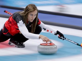Canada's skip Rachel Homan throws a stone during a women's curling match against China at the 2018 Winter Olympics in Gangneung, South Korea, Tuesday, Feb. 20, 2018.