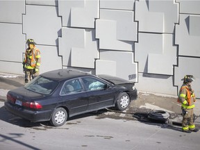 Windsor Police and Windsor Fire and Rescue deal with a car that struck the wall at the Walker Rd. underpass at Grand Marais Ave. East, Tuesday, February 19, 2019.  Air bags were deployed although it is unknown if any injuries were sustained.