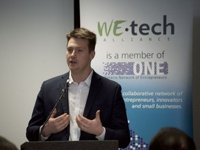 Adam Frye, director of corporate innovation for WEtech Alliance, launches the organization's Innovation Catalyst Program Wednesday, February 27, 2019, at the Enwin Utilities Operations Centre in Windsor.