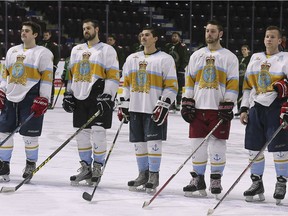 The second annual Army-Navy Game was held on Saturday, February 9, 2019, at the WFCU Centre in Windsor, ON. Members of the Navy squad are shown prior to the game.