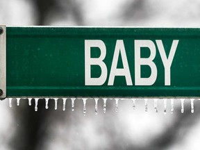 A street sign in Windsor coated in ice on Feb. 6, 2019.