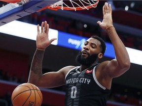 Detroit Pistons centre Andre Drummond dunks during the first half of an NBA basketball game against the New York Knicks on Feb. 8, 2019, in Detroit.