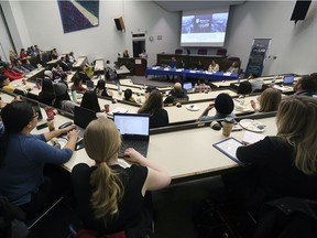 A panel discussion on e-commerce, algorithms, big data, consumer deception and protection was held at the Moot Court at the Faculty of Law of the University of Windsor on Wednesday, February 6, 2019. Law students are shown during the event.